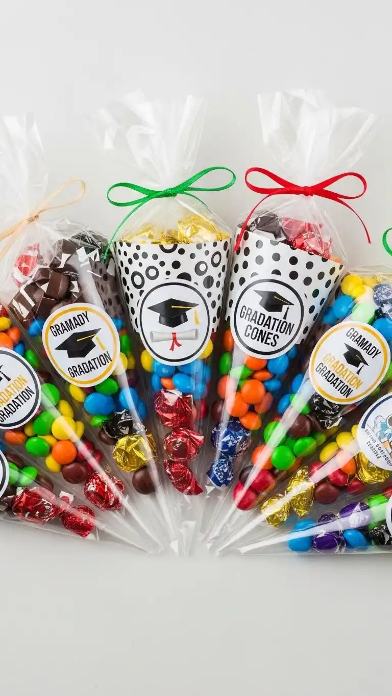27 Simple DIY Graduation Party Decorations to Try 9 5. DIY Candy Cone Favors Decorated with Graduation Stickers