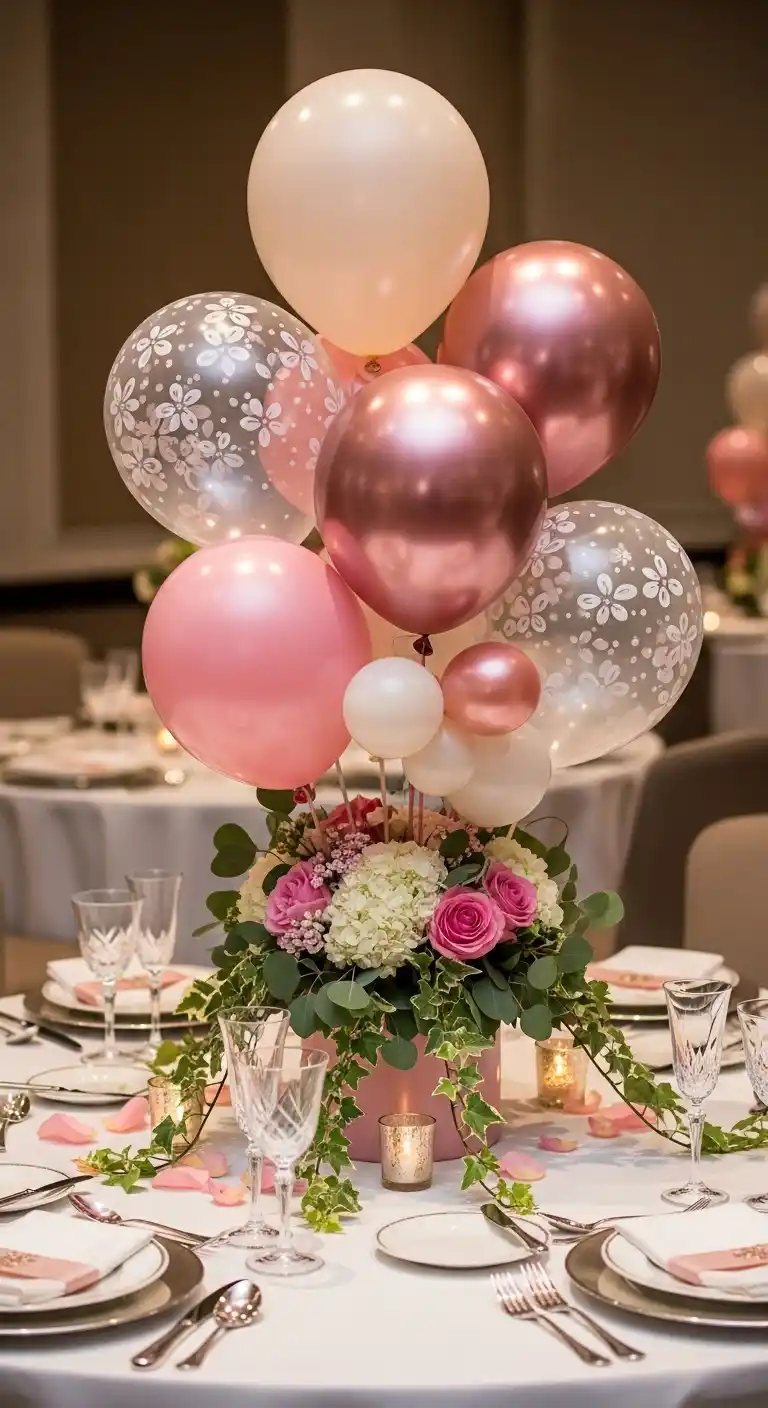 25 Stunning DIY Balloon Centerpiece Ideas on a Budget 9 5. Floral-Enhanced Balloon Arrangement for Elegant Tables