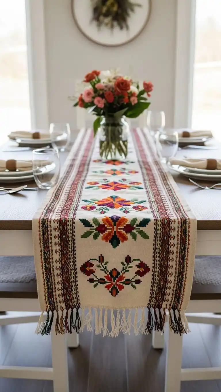 17 Stylish Dinner Party Table Ideas for Every Occasion 9 5. Handcrafted Table Runner as the Center Focus