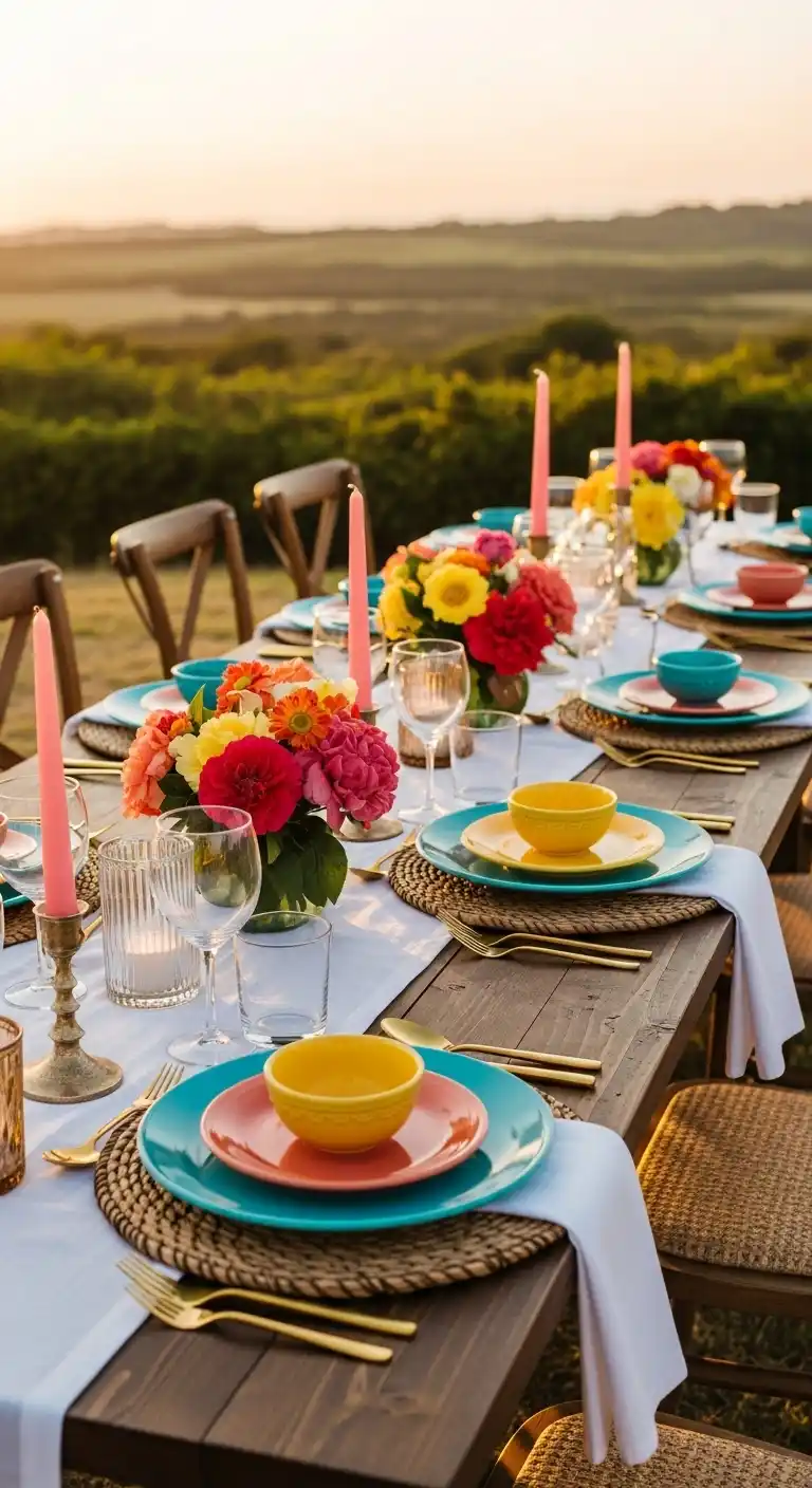 19 Easy Dinner Party Table Settings Inspirations 9 5. Vibrant Summer Table Settings with Bold Colors