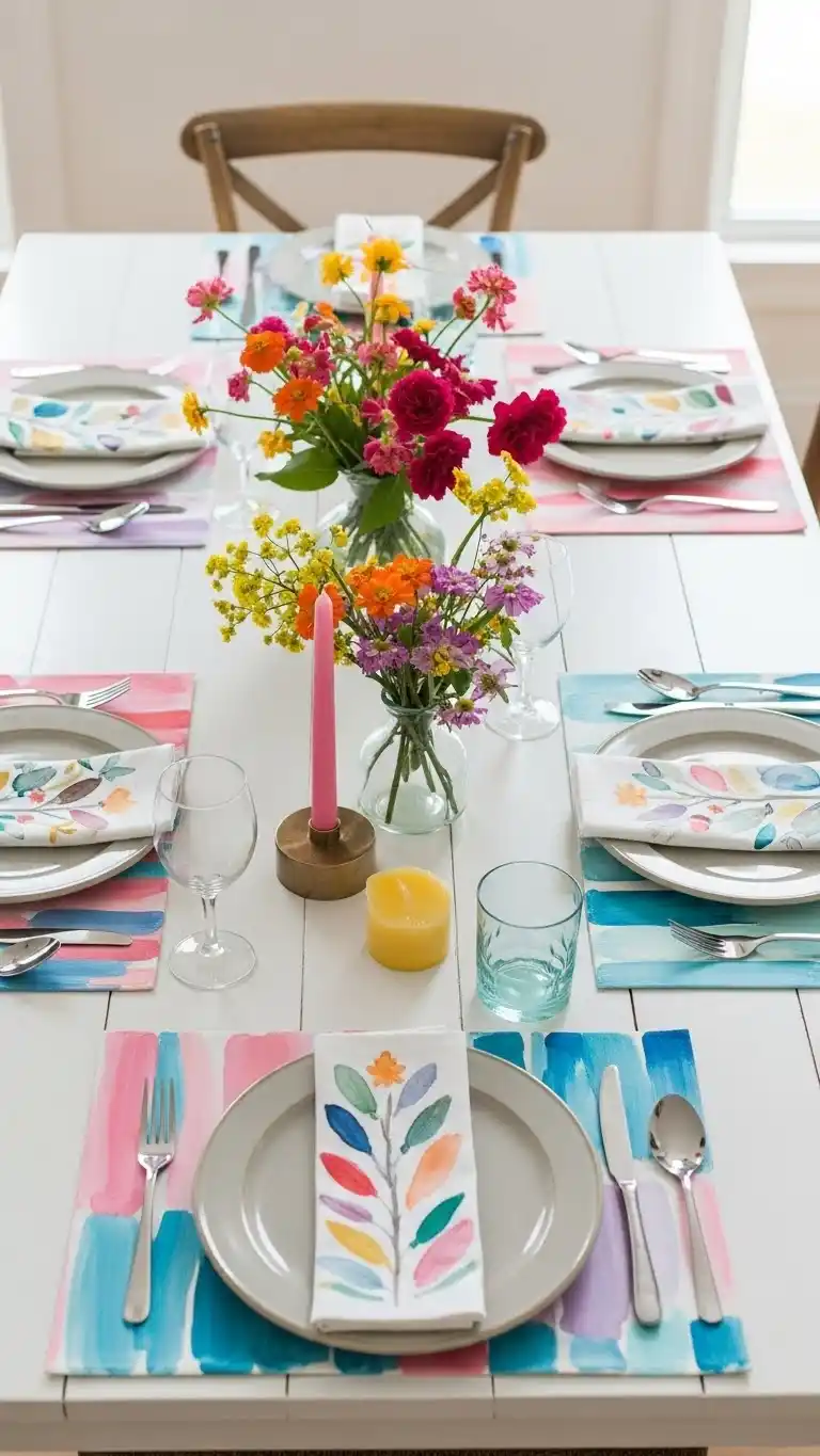 17 Stylish Dinner Party Table Ideas for Every Occasion 10 6. Art-Forward Table with Painted Placemats