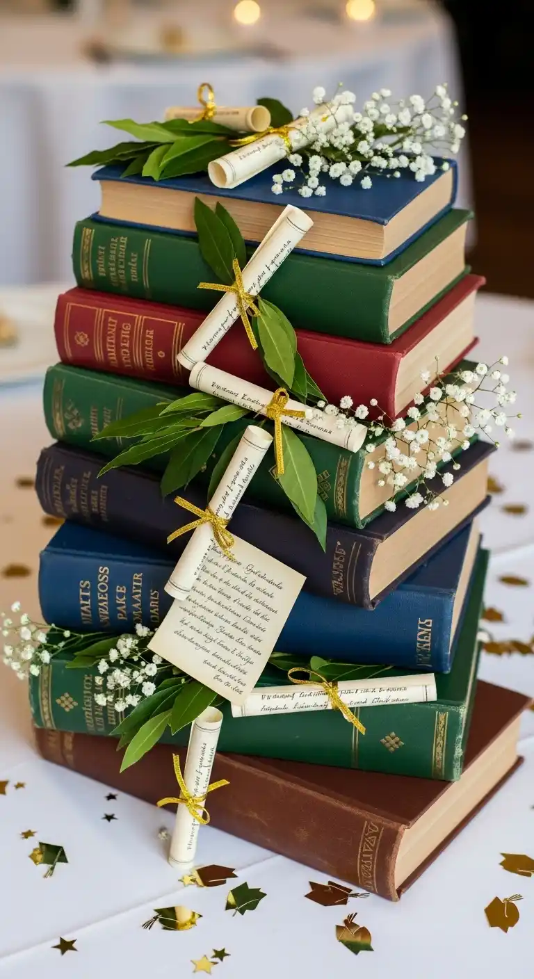 19 Graduation Party Centerpieces Ideas for a Memorable Event 10 6. Book Stack Centerpieces with Diplomas