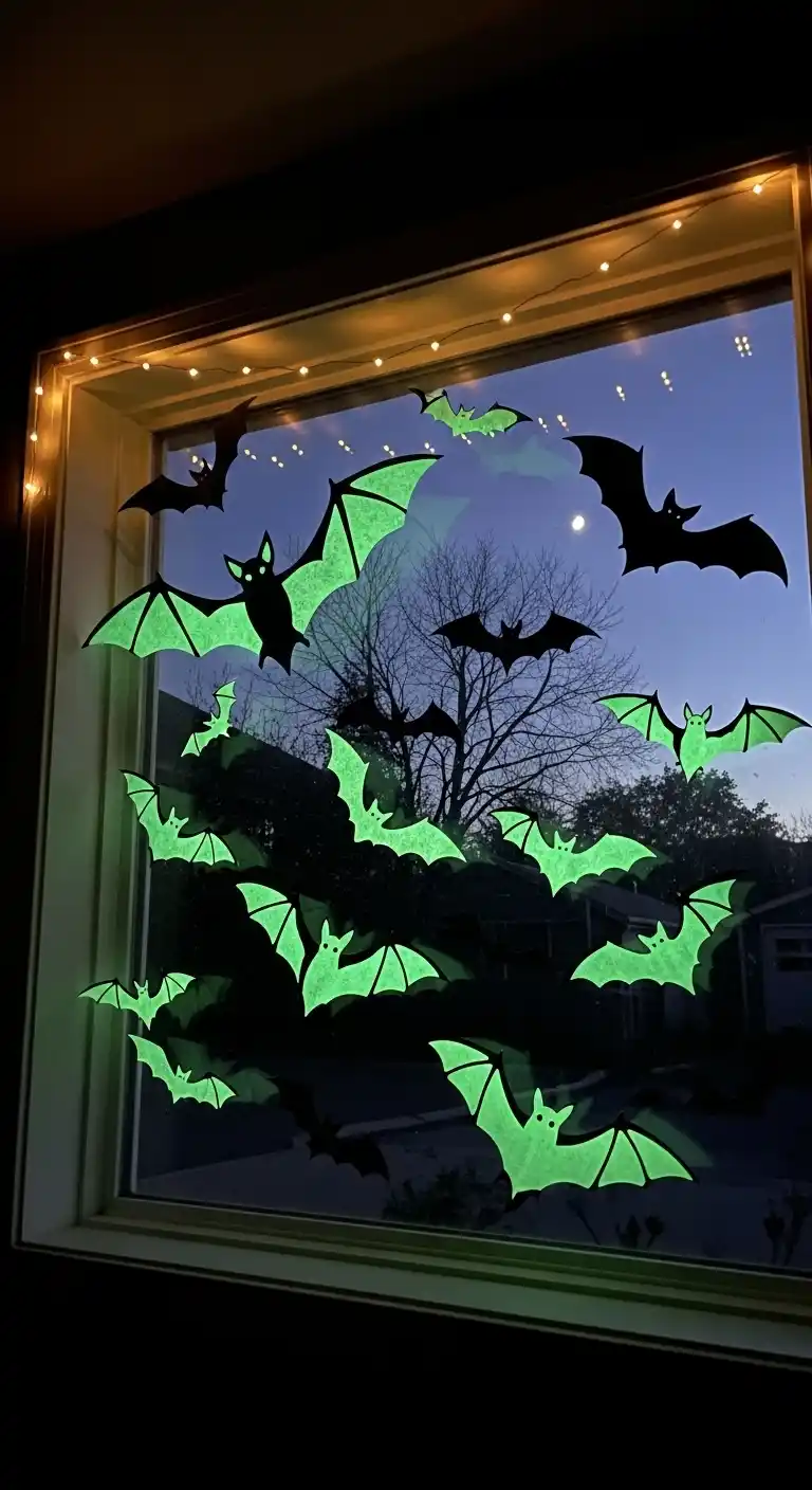 23 DIY Halloween Party Decor Ideas for a Festive Look 10 6. Glow-in-the-Dark Window Bats
