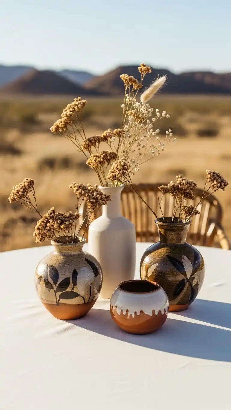 Desert Wedding Ideas That Bring Elegant, Rustic Charm to Your Big Day 10 6. Handcrafted Pottery Centerpieces