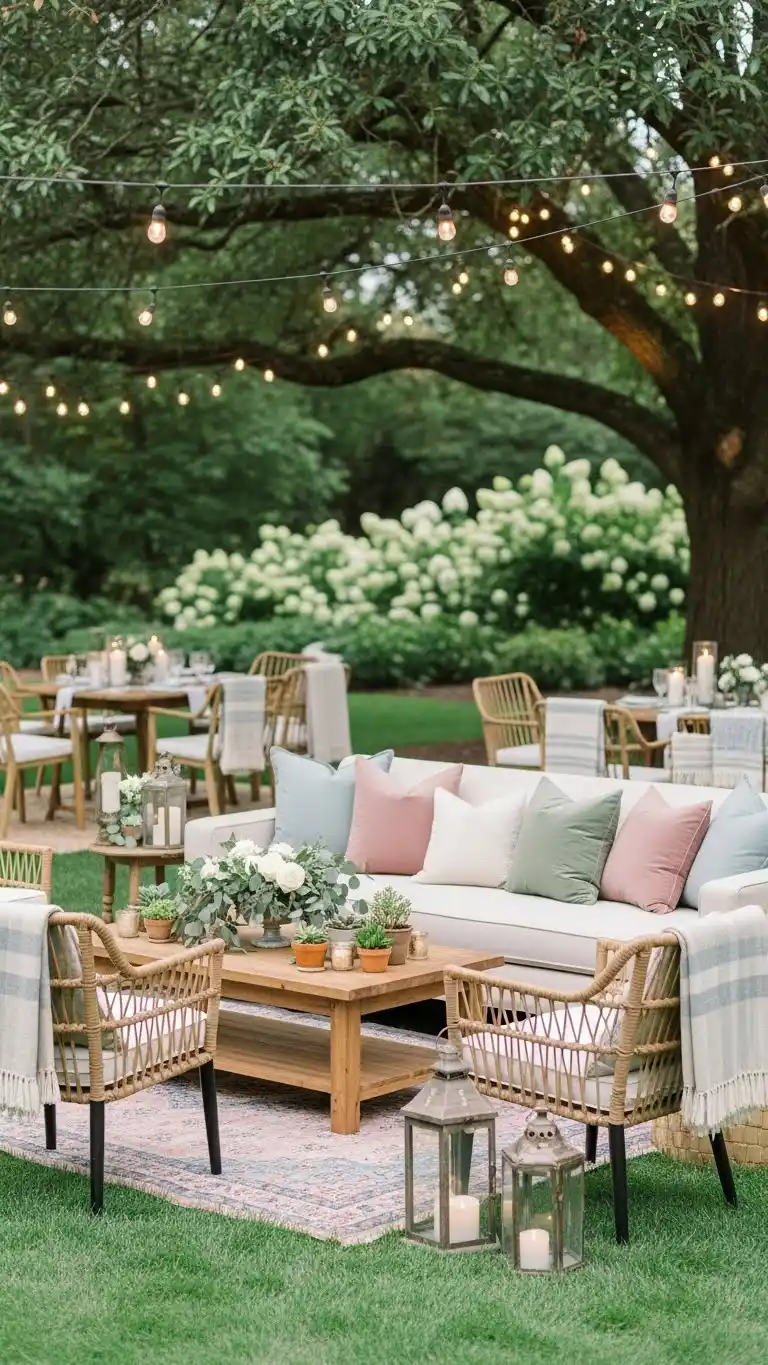 Beautiful Backyard Wedding Ideas on a Budget 10 6. Outdoor Lounge Corners for Guest Comfort