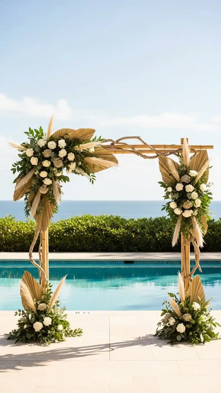 17 Poolside Wedding Ideas That Shine 10 6. Poolside Ceremony Arch with Natural Textures