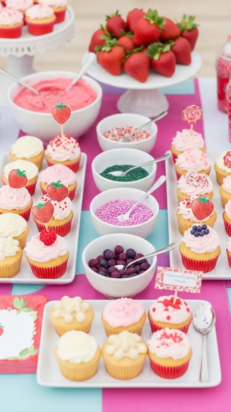 21 Strawberry Themed Party Ideas That Shine 10 6. Strawberry Cupcake Decorating Station