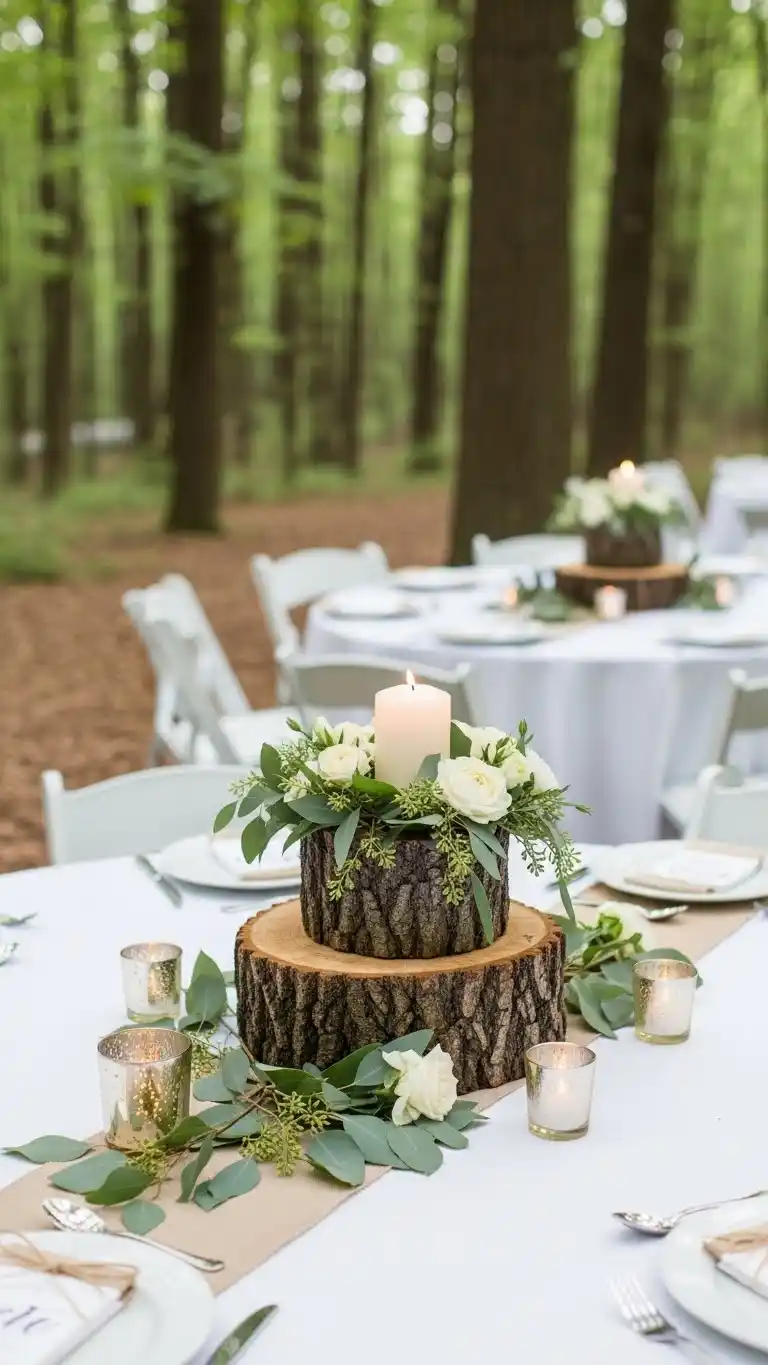 Dreamy Forest Wedding Theme to Steal the Show 10 6. Tree-Trunk Centerpieces with Natural Forest Flair