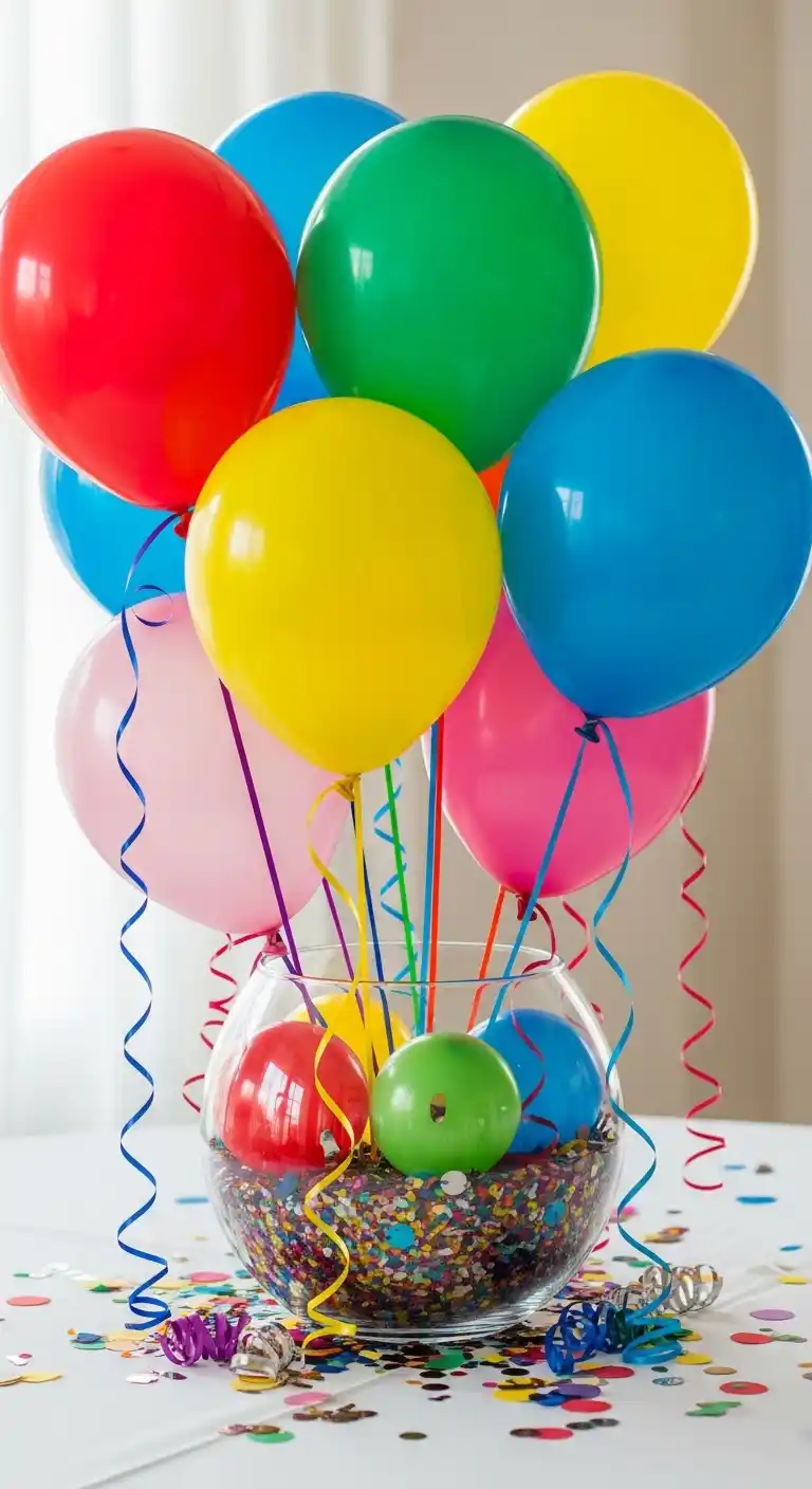 25 Stunning DIY Balloon Centerpiece Ideas on a Budget 11 7. Balloon-and-Confetti Bowl Centerpiece for Festive Displays