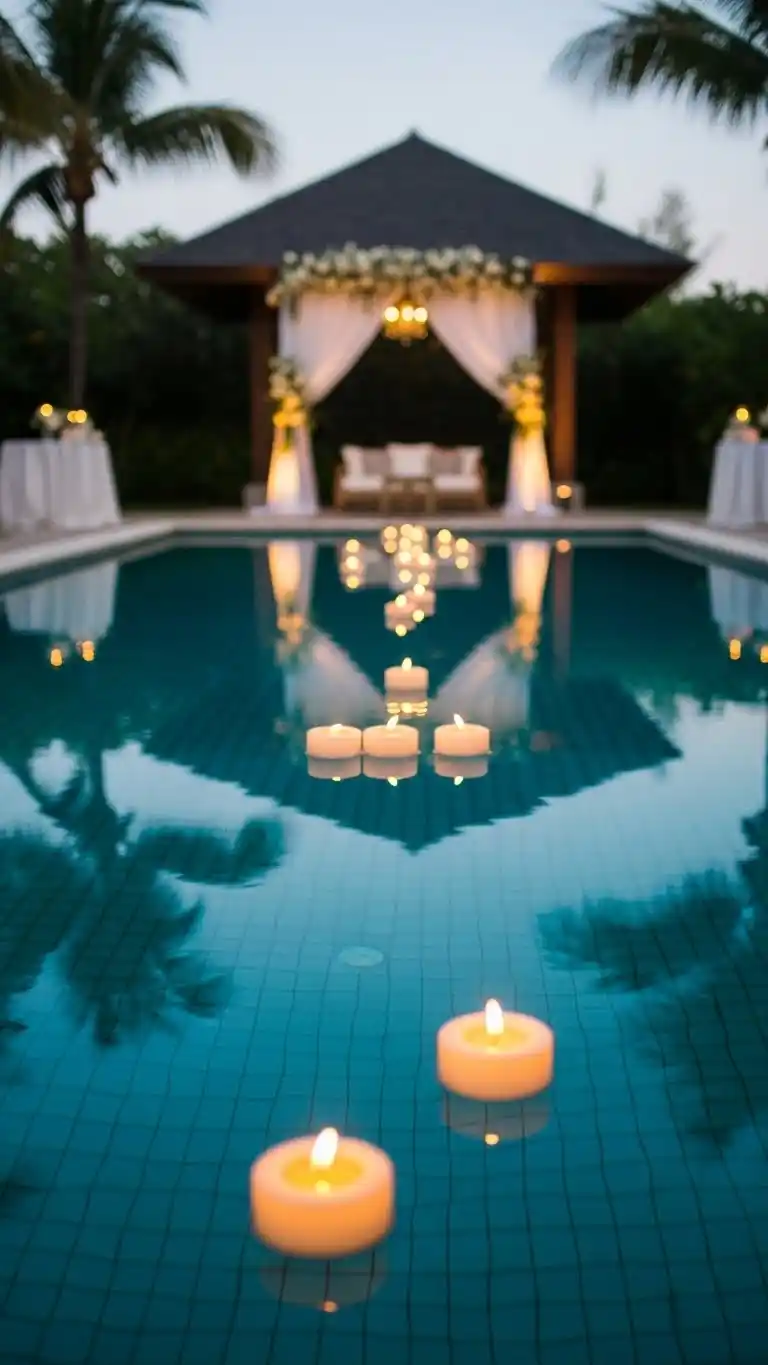 17 Poolside Wedding Ideas That Shine 11 7. Floating Candle Displays for Soft Romantic Light