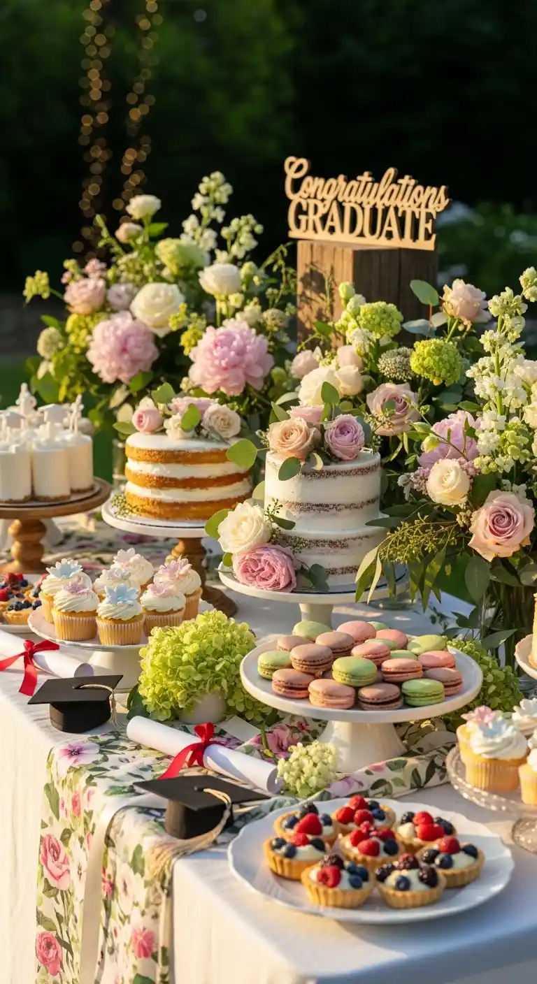 17 Floral Graduation Party Ideas You’ll Love 11 7. Floral Dessert Table Styling