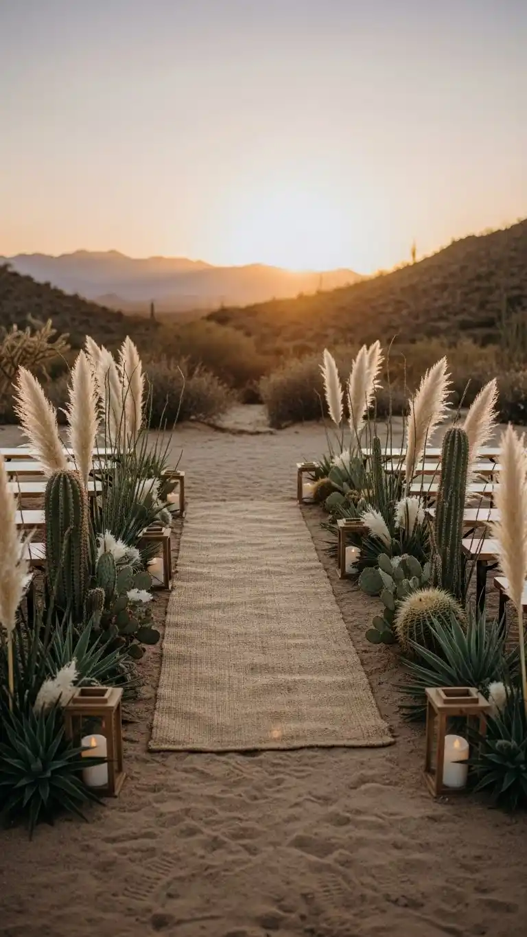 Desert Wedding Ideas That Bring Elegant, Rustic Charm to Your Big Day 11 7. Minimalist Aisle Styling with Native Plants