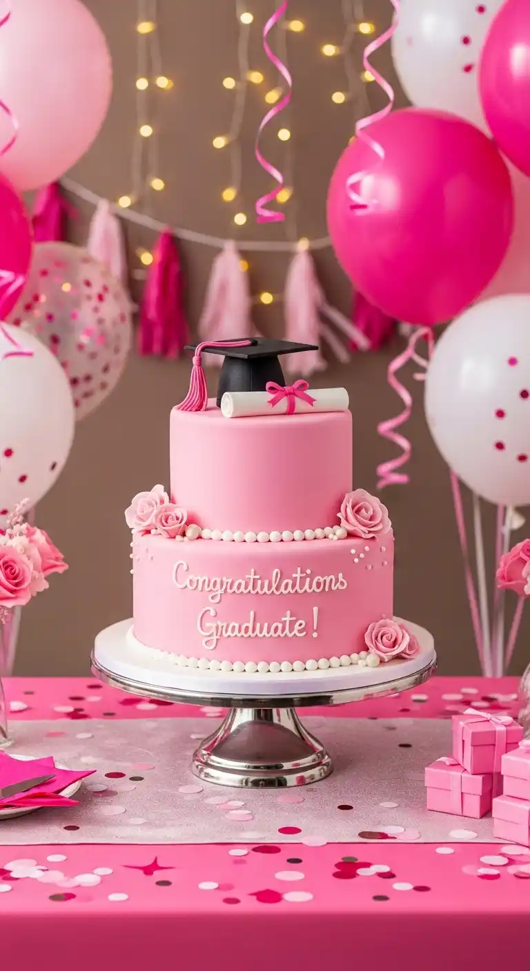 17 Pretty Pink Graduation Party Ideas You’ll Love 11 7. Pink Graduation Cake