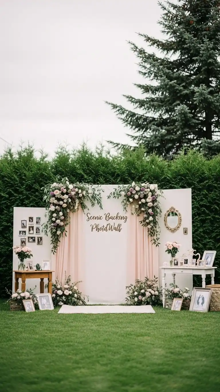 Beautiful Backyard Wedding Ideas on a Budget 11 7. Scenic Backyard Photo Wall or Memory Corner