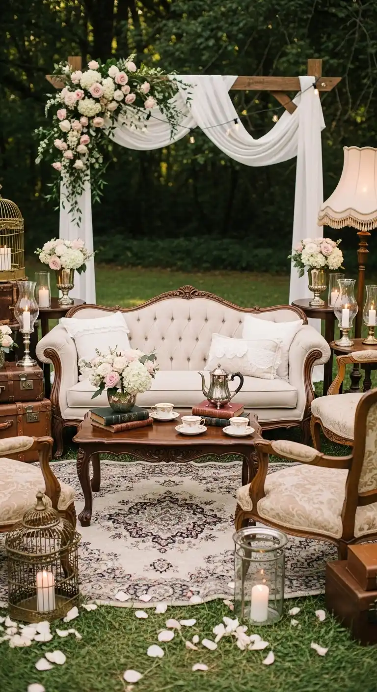 21 Vintage Wedding Ideas for a Classic Celebration 12 8. Antique Furniture Lounge Area