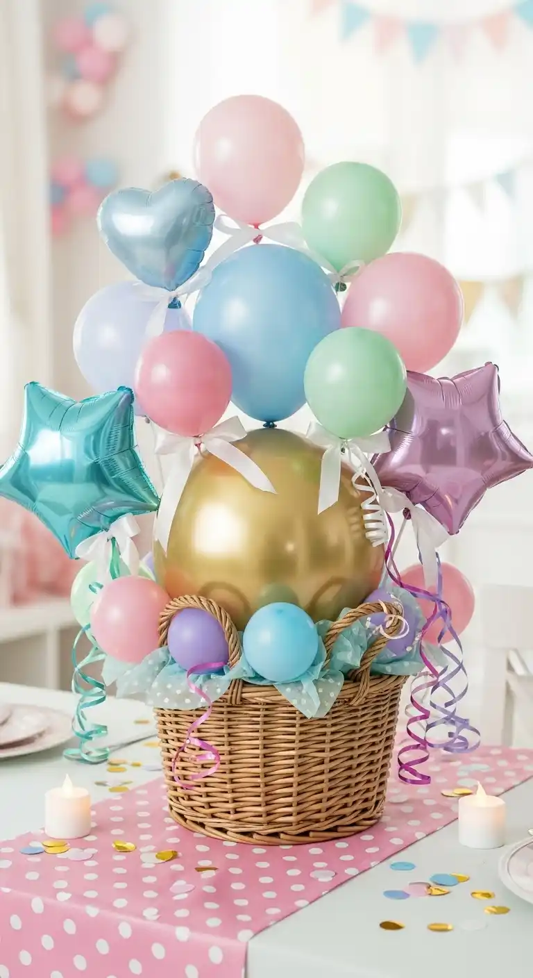 25 Stunning DIY Balloon Centerpiece Ideas on a Budget 12 8. Basket-Style Balloon Centerpiece for Cute Party Tables