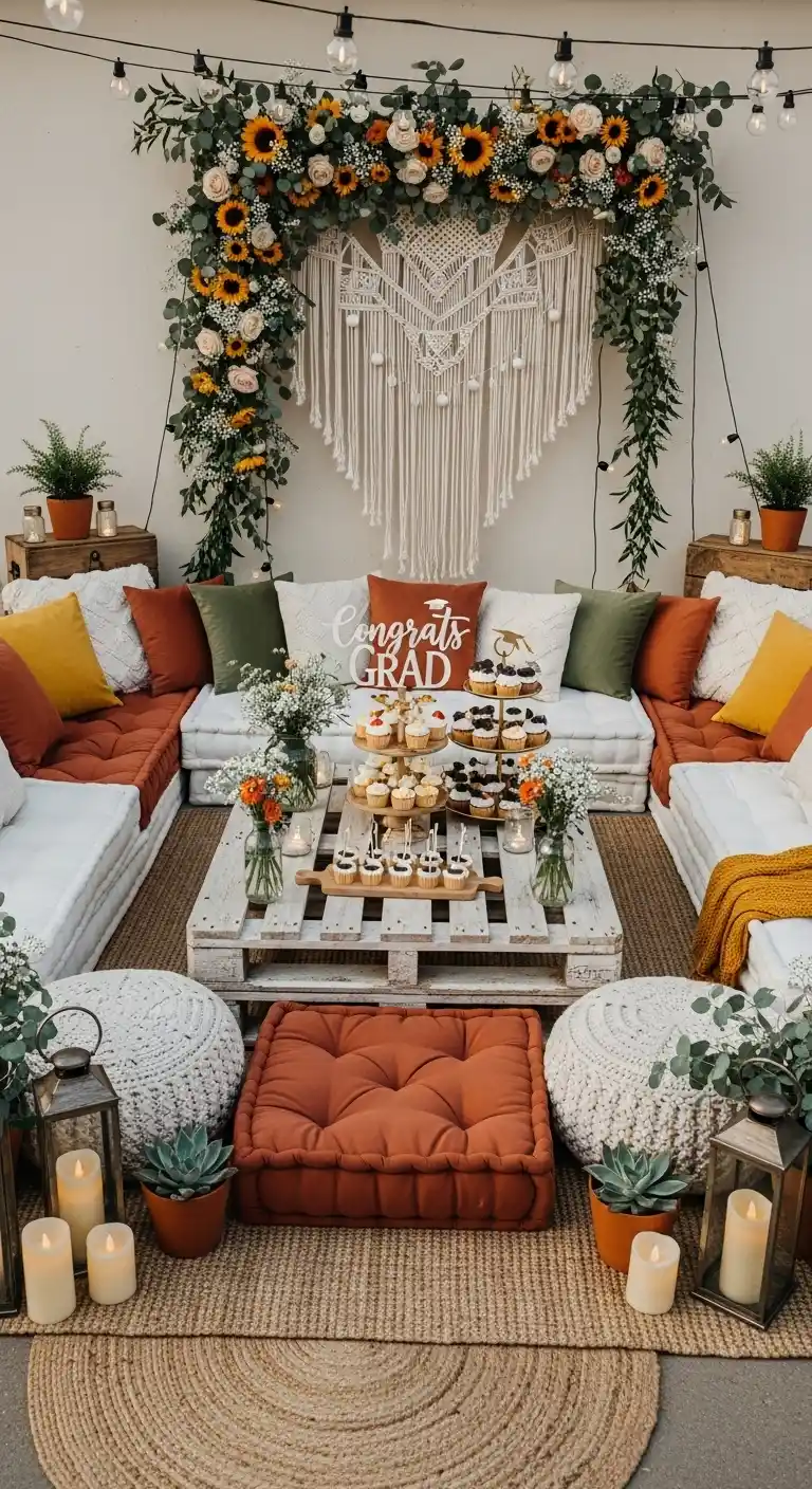 17 Floral Graduation Party Ideas You’ll Love 12 8. Boho Floral Lounge Corner