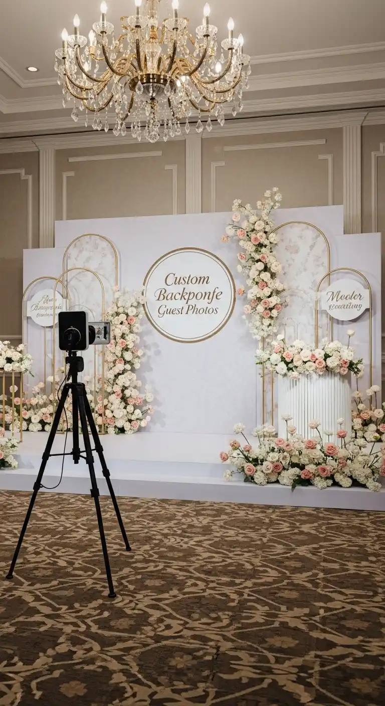 19 Classy Wedding Reception Ideas for a Timeless Look 12 8. Custom Backdrops for Guest Photos