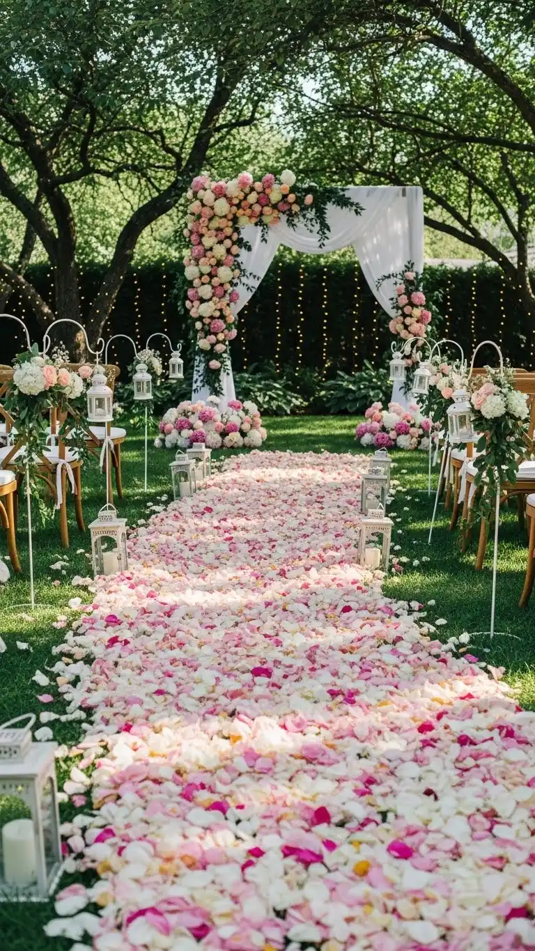 Beautiful Backyard Wedding Ideas on a Budget 12 8. Petal-Lined Aisle for a Dreamy Touch