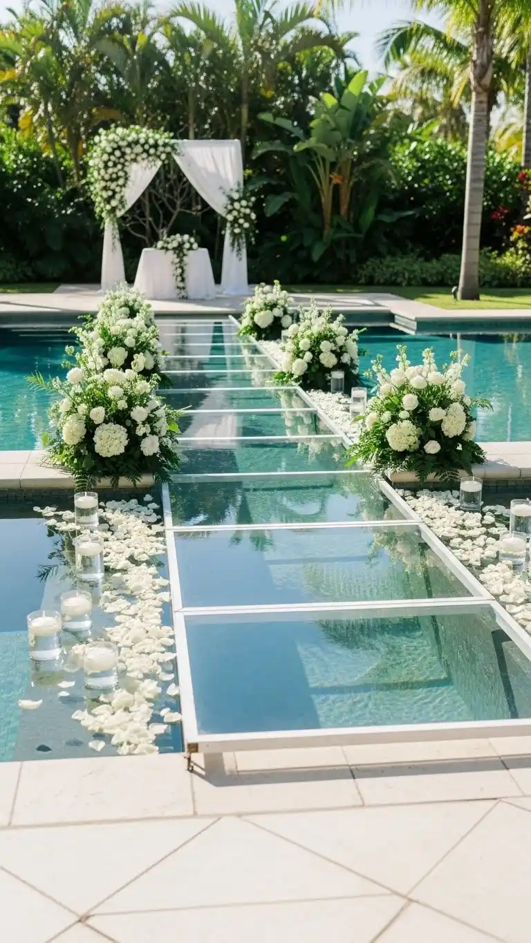 17 Poolside Wedding Ideas That Shine 12 8. Water-Edge Aisle Runner for a Fresh Walkway Design