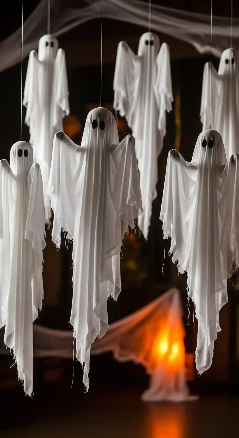 23 DIY Halloween Party Decor Ideas for a Festive Look 13 9. Eerie Hanging Fabric Ghosts