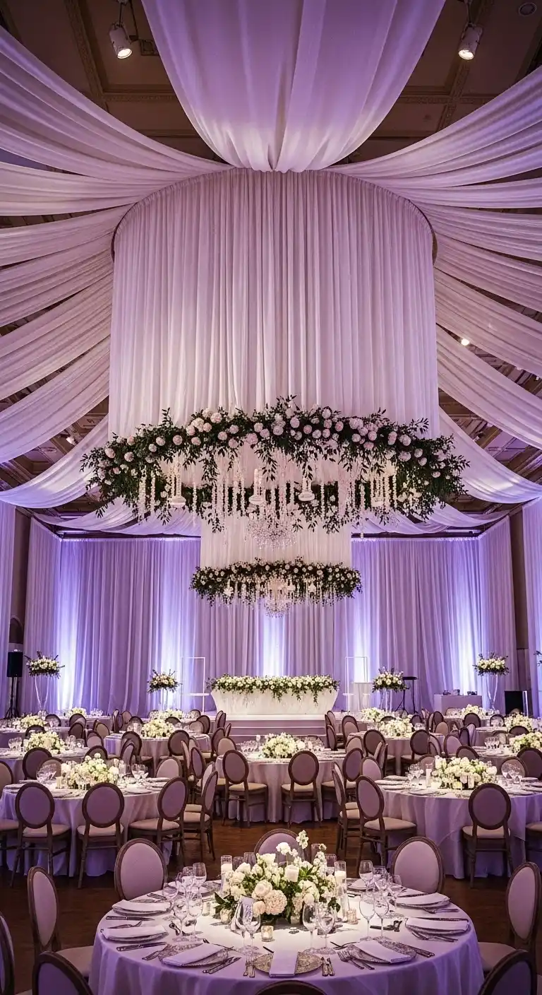 Extravagant Wedding Ideas: 25 Luxe & Stunning Inspirations 13 9. High-Impact Ceiling Decor with Textures and Movement