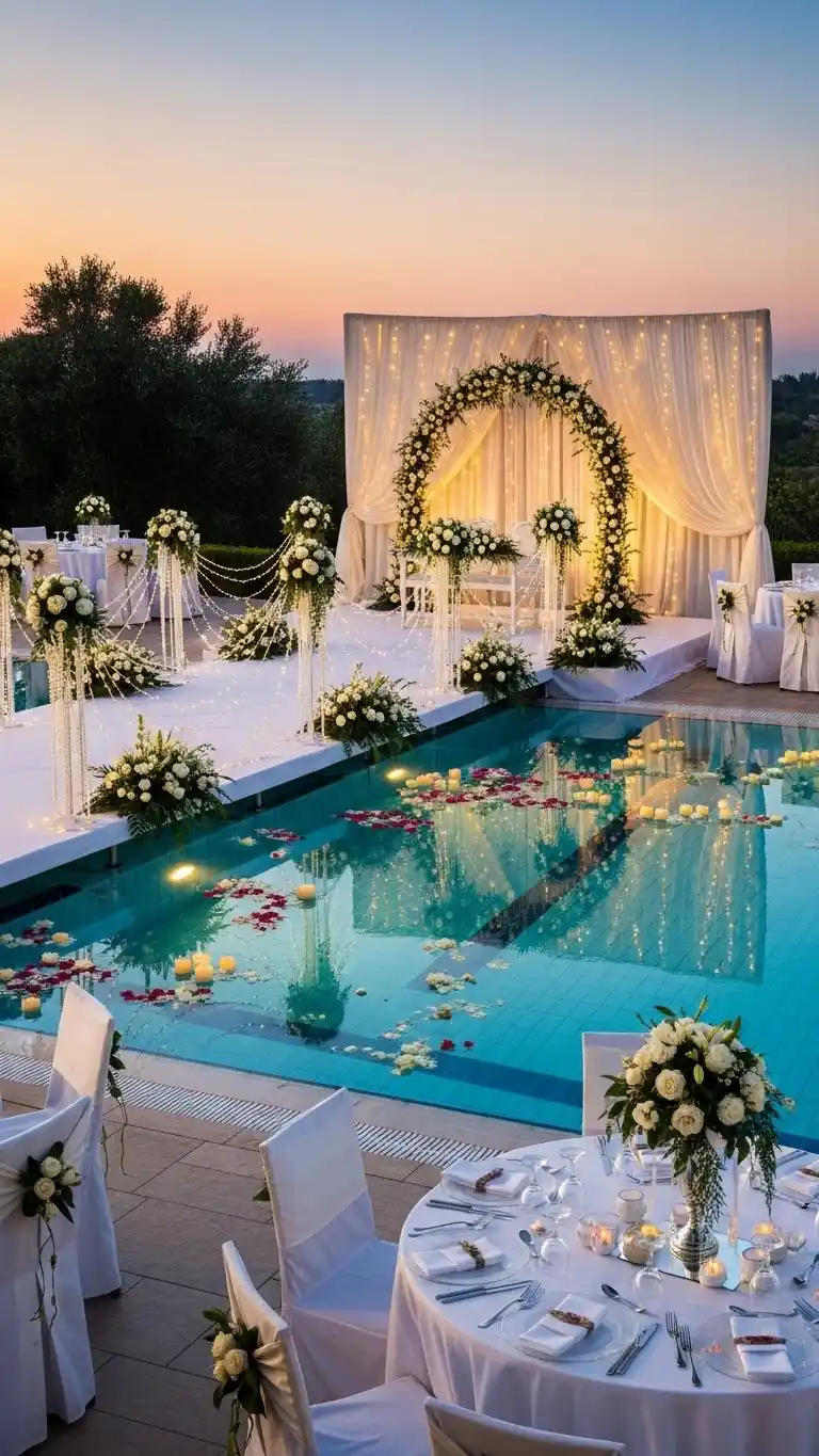 17 Poolside Wedding Ideas That Shine 13 9. Poolside Stage Platform for Seamless Event Flow