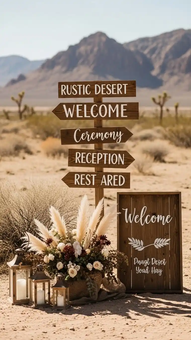 Desert Wedding Ideas That Bring Elegant, Rustic Charm to Your Big Day 13 9. Rustic Desert Welcome Signage