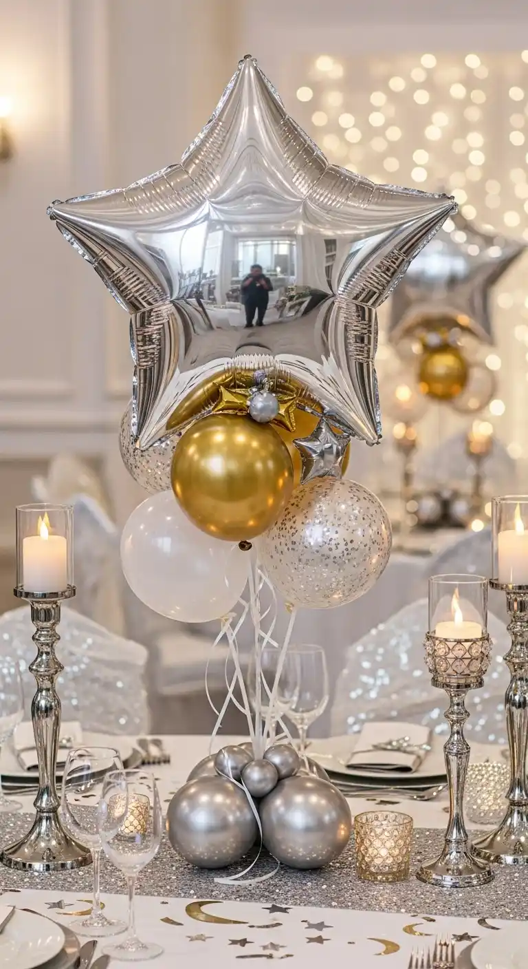 25 Stunning DIY Balloon Centerpiece Ideas on a Budget 13 9. Star-Shaped Foil Balloon Stand for Glamorous Tables