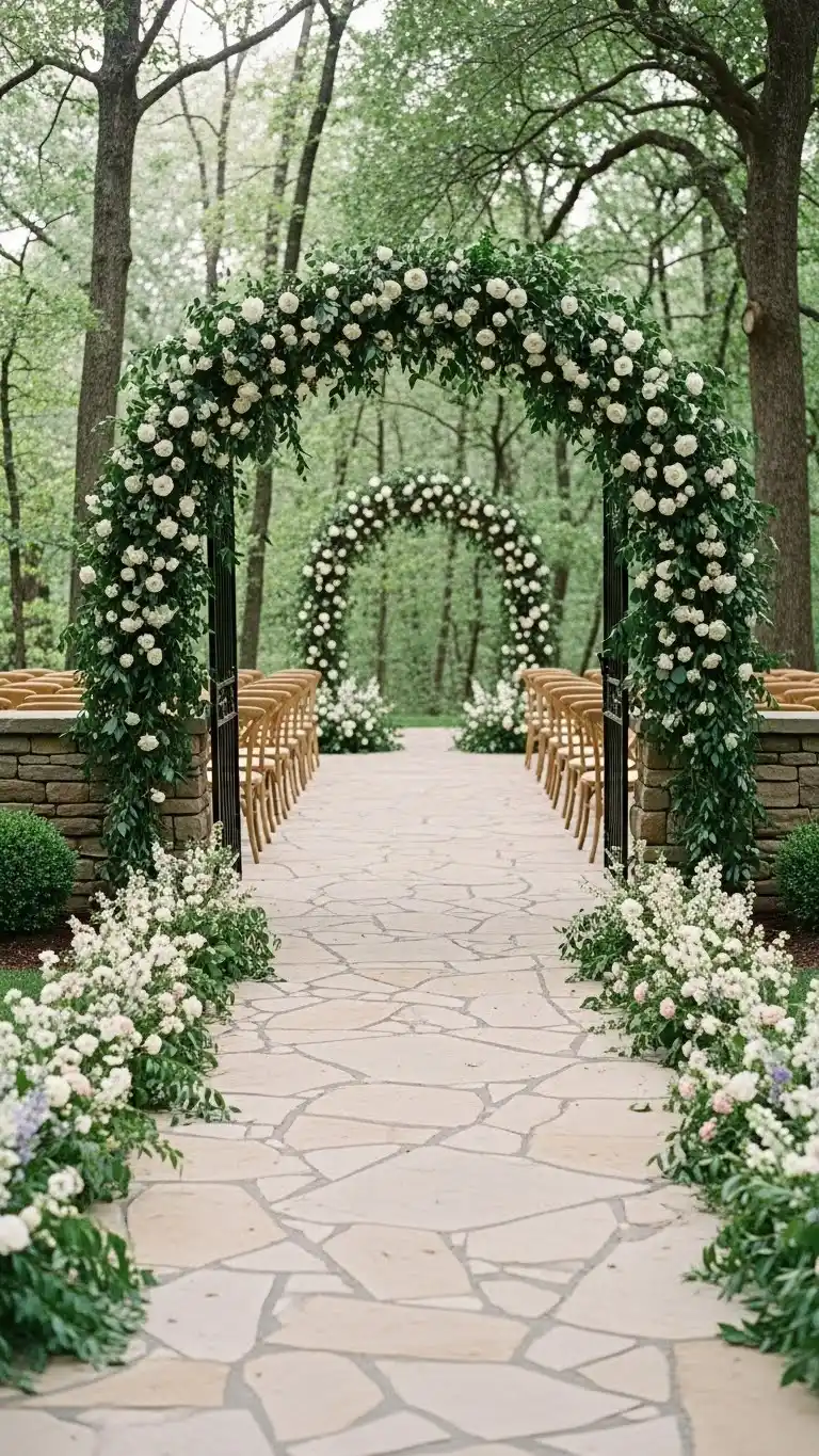 Beautiful Outdoor Wedding Entrances You’ll Love 13 9. Stone Pathway with Low-Growing Floral Borders