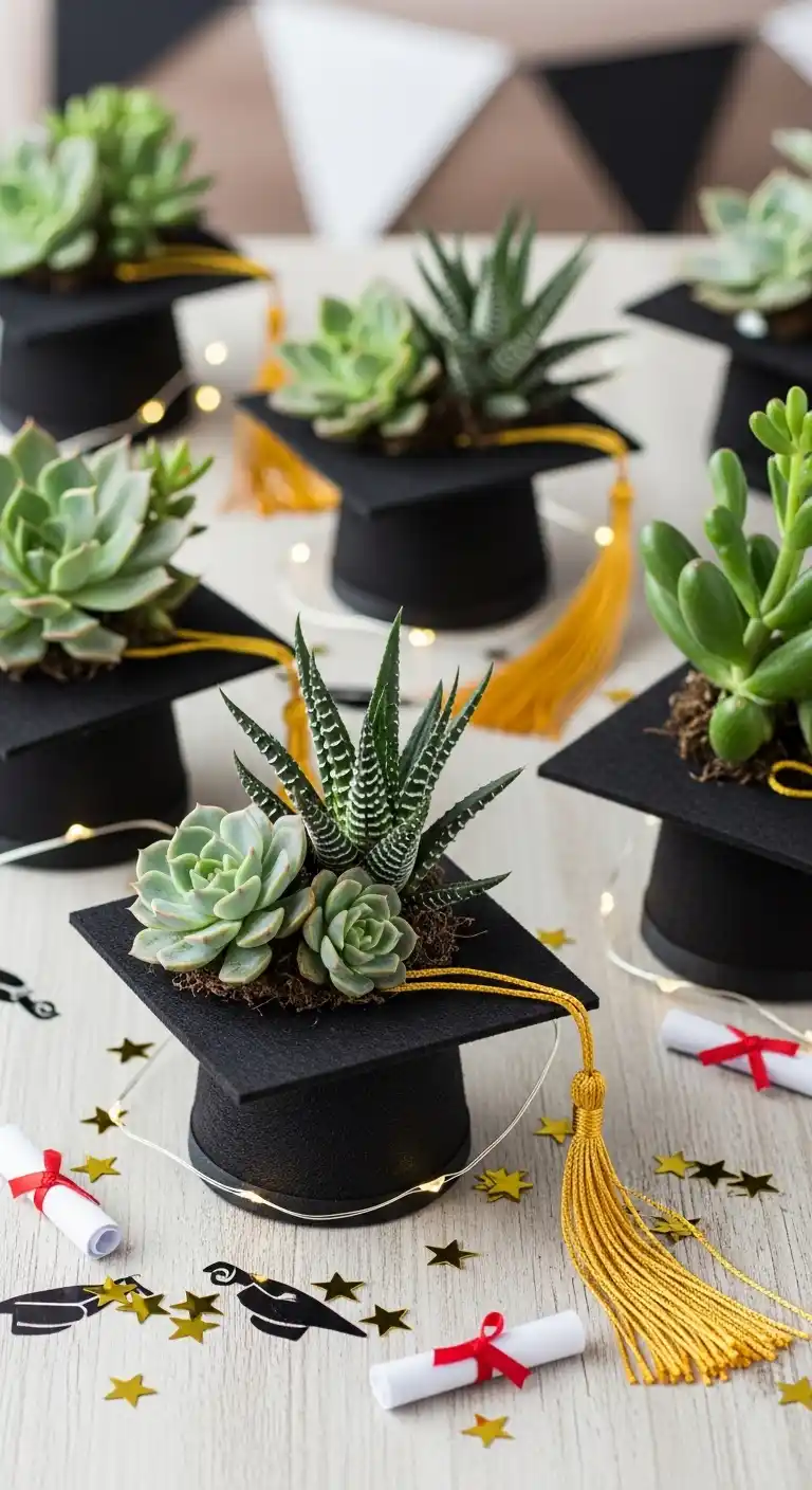 19 Graduation Party Centerpieces Ideas for a Memorable Event 13 9. Succulent Plants in Caps