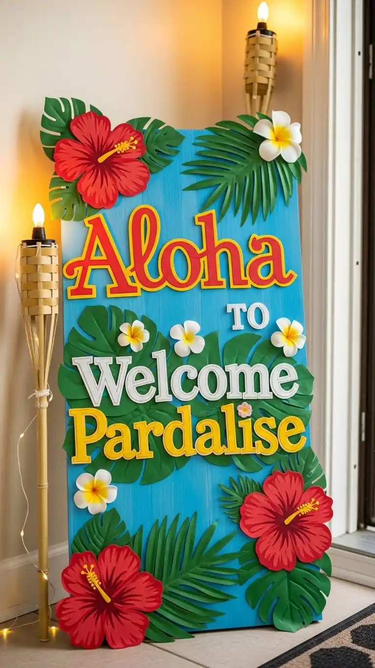 Planning a Luau? 21 DIY Luau Party Ideas That Feel Truly Tropical 5 1. DIY Tropical Welcome Sign