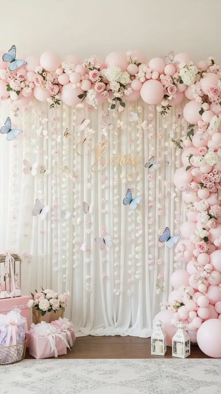 Butterfly Baby Shower Ideas: 21 Sweet & Stylish Looks 14 10. Butterfly Garland Backdrop