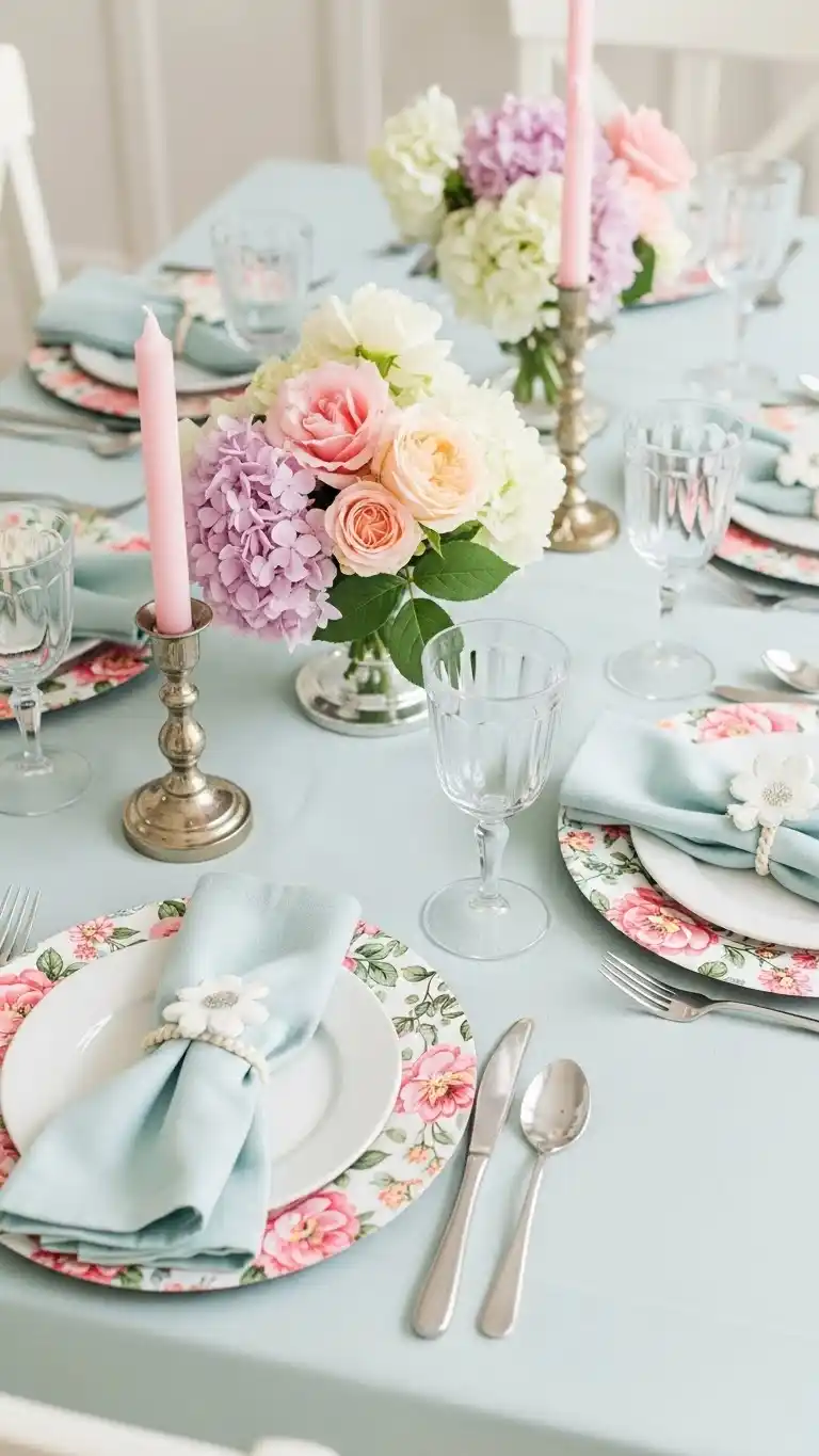 Mothers Day Table Settings Ideas You’ll Love 14 10. Floral Charger Plates to Add Instant Charm