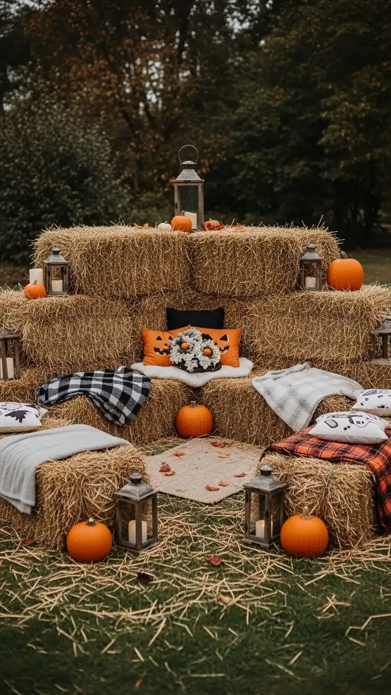 Outdoor Halloween Party Decor: 25 Spooky & Stylish Ideas 14 10. Rustic Hay Bale Seating Corner