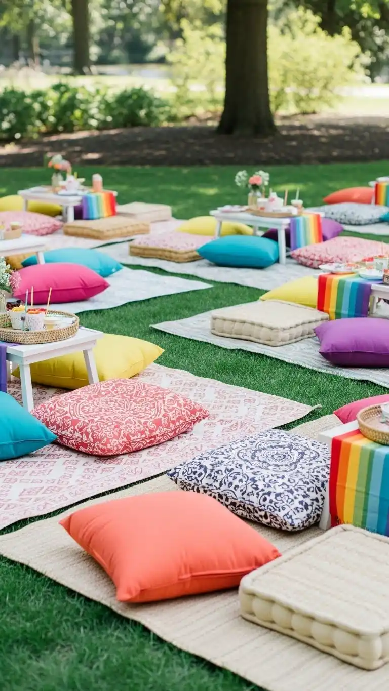Vibrant & Chic Rainbow Party Ideas for Adults 15 11. Rainbow Picnic Lounge Setup