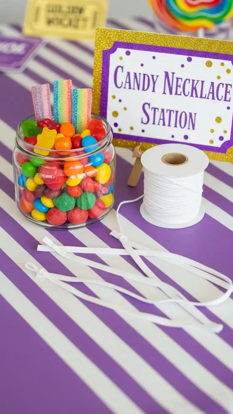 Fun & Colorful Willy Wonka Birthday Party Ideas 16 12. DIY Candy Necklace Station