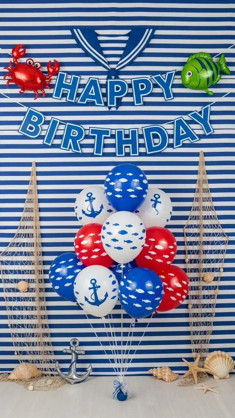 Fishing Birthday Party Ideas for Outdoor Fun 16 12. Nautical Banner and Balloon Backdrop