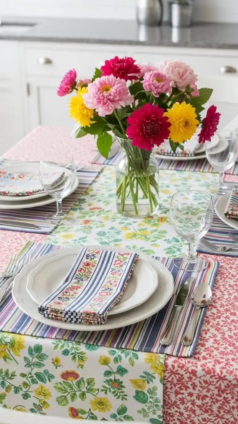 Simple & Chic Summer Dinner Party Table Settings 16 12. Pattern-Mixing Table Setting for a Playful Summer Look