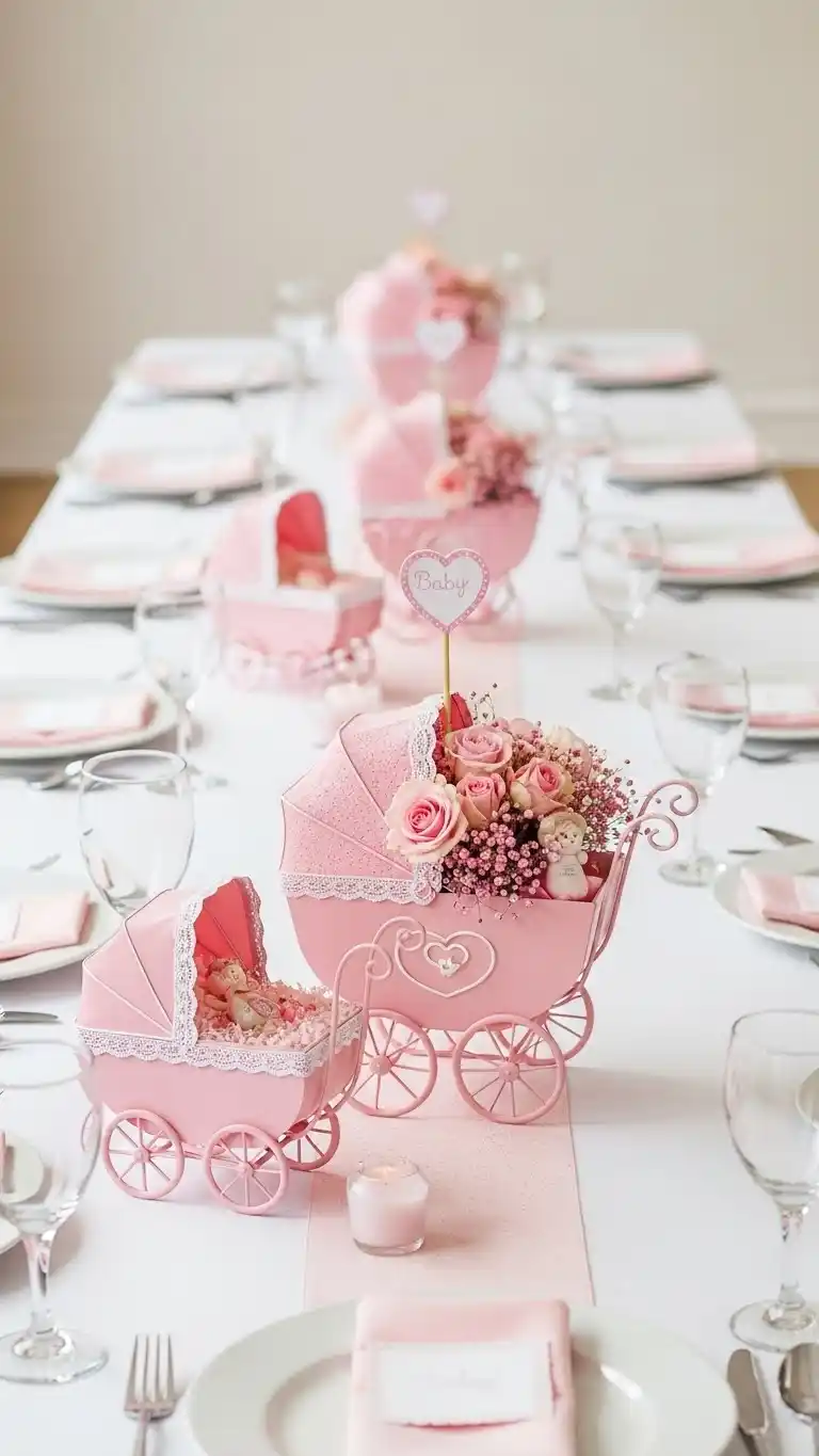 Pink Baby Shower: 25 Stylish Party Inspirations 16 12. Pink Themed Baby Carriage Centerpieces