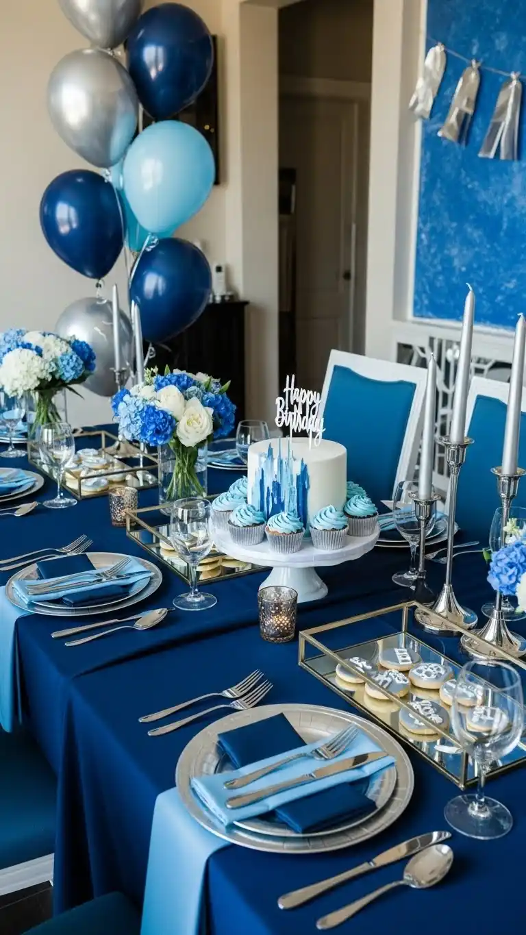 Birthday Table Ideas for a Memorable Celebration 17 13. Blue and Silver Modern Table