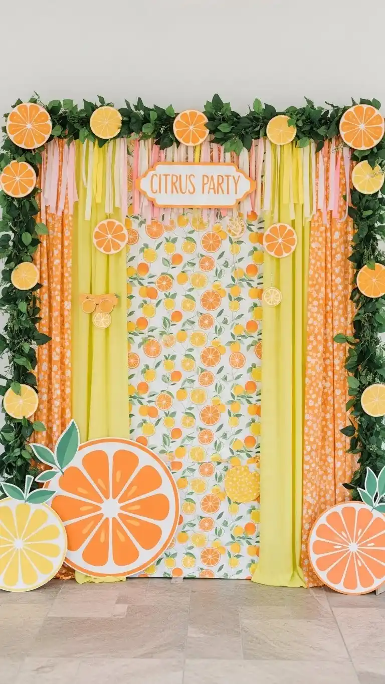 17 Fresh & Fun Citrus Themed Party Inspirations 17 13. Citrus-Patterned Photo Backdrop for Guests