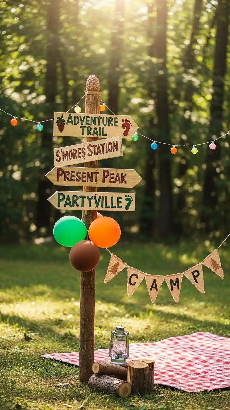 Camping Themed Birthday Party Ideas for Outdoor Fun 17 13. DIY Camp Signpost Decorations