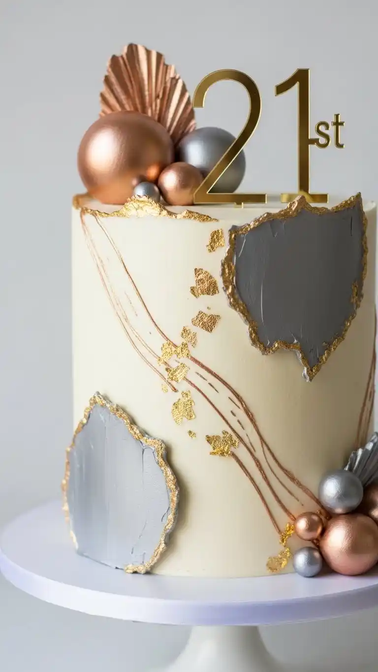 21st Birthday Party Cakes: 25 Fun & Stylish Ideas 17 13. Glamorous Metallic-Detail Cake for a Stylish 21st Birthday