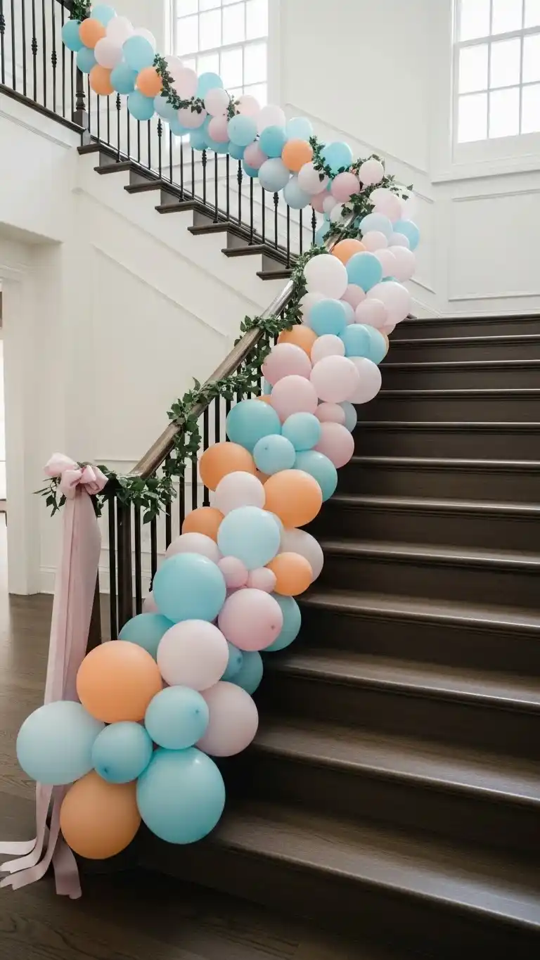 Simple Balloon Decorations for a Chic Celebration 17 13. Staircase Balloon Trail