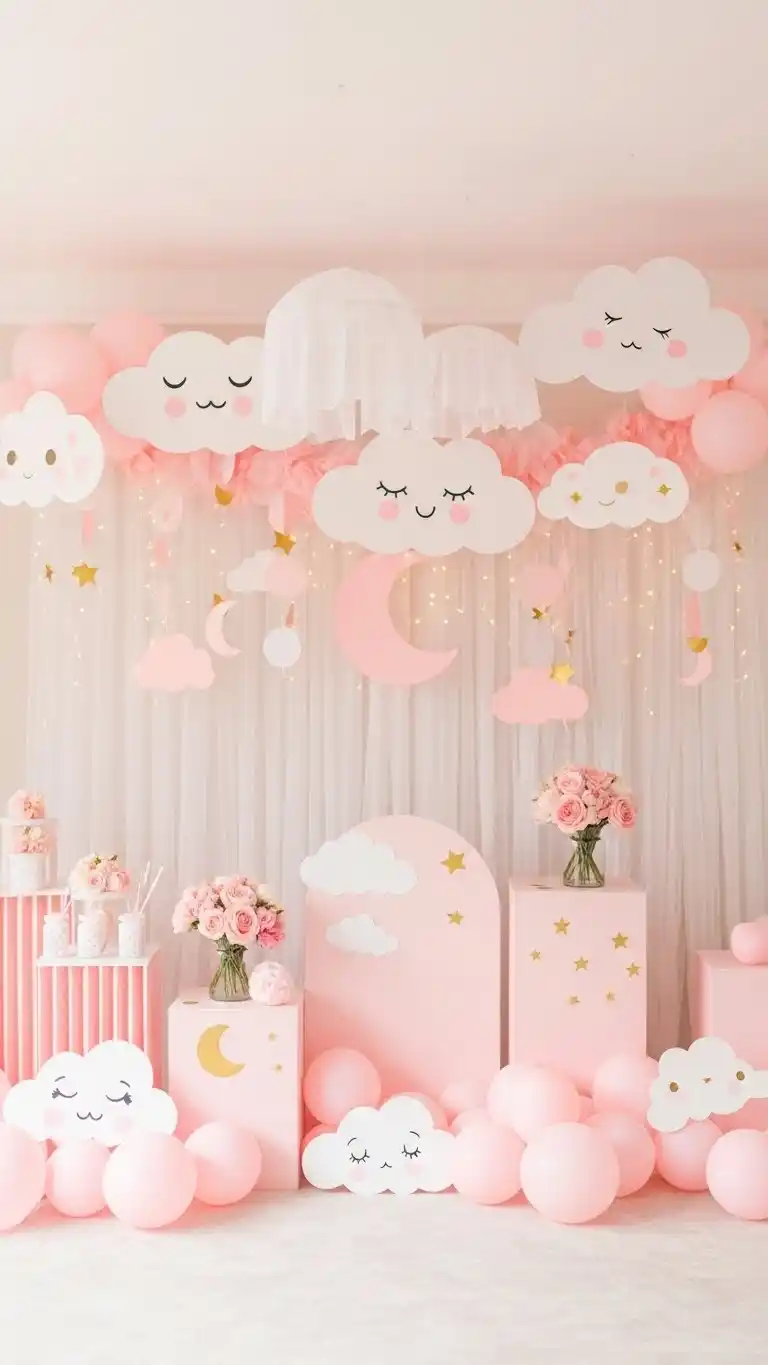 Pink Baby Shower: 25 Stylish Party Inspirations 18 14. Pink Cloud and Moon Theme