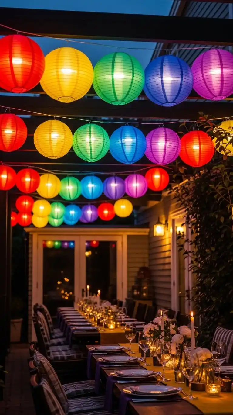 Vibrant & Chic Rainbow Party Ideas for Adults 18 14. Rainbow Lantern Outdoor Dinner Experience