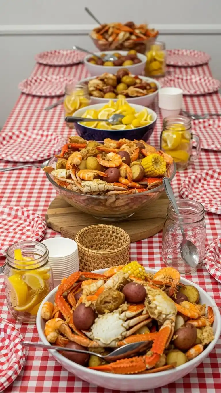 Seafood Boil Party Themes for Every Occasion 18 14. Red Checkered Classic Seafood Boil Table