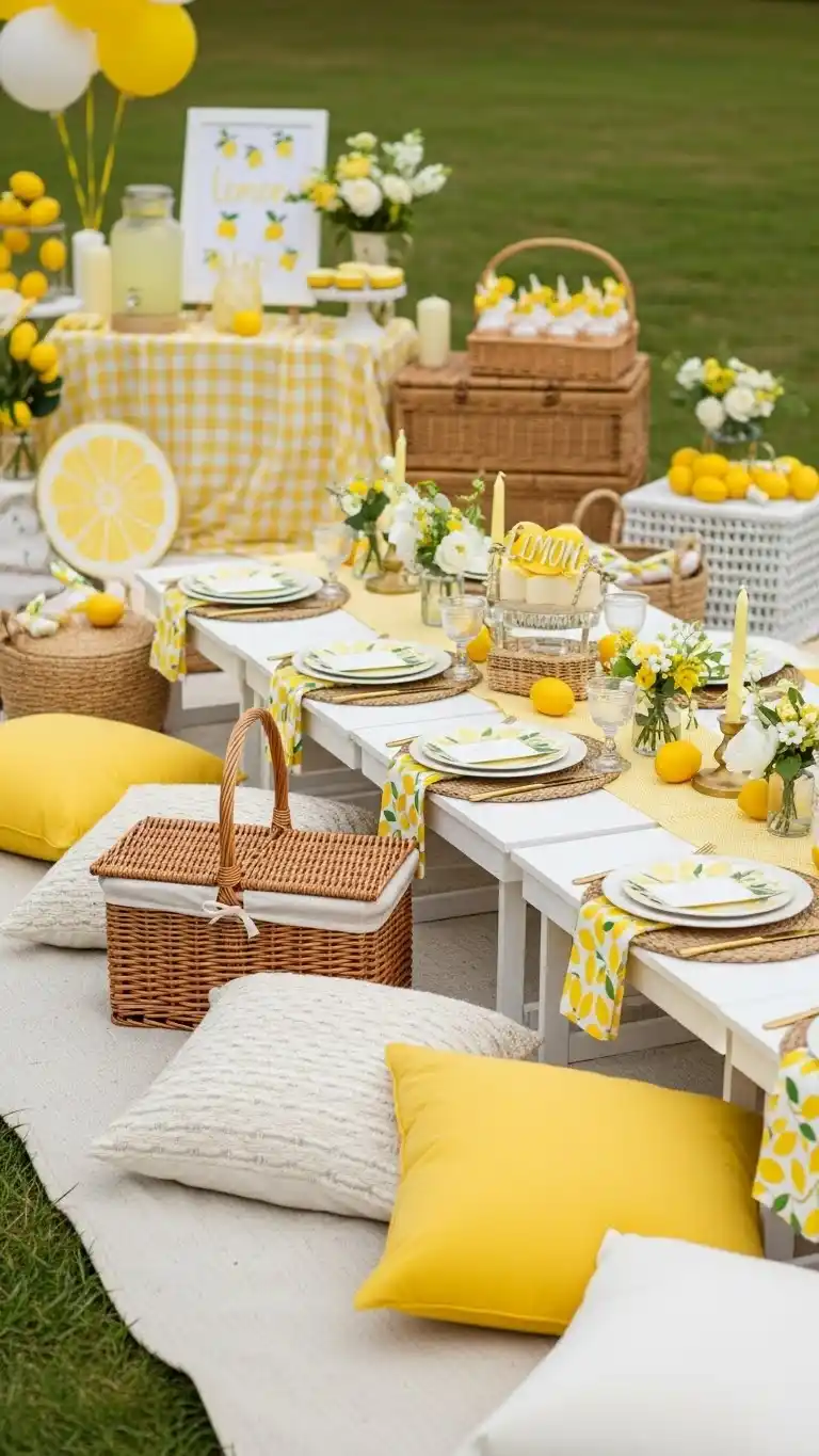 Lemon Themed Party Ideas for a Bright Celebration 19 15. Lemon Picnic Style Setup