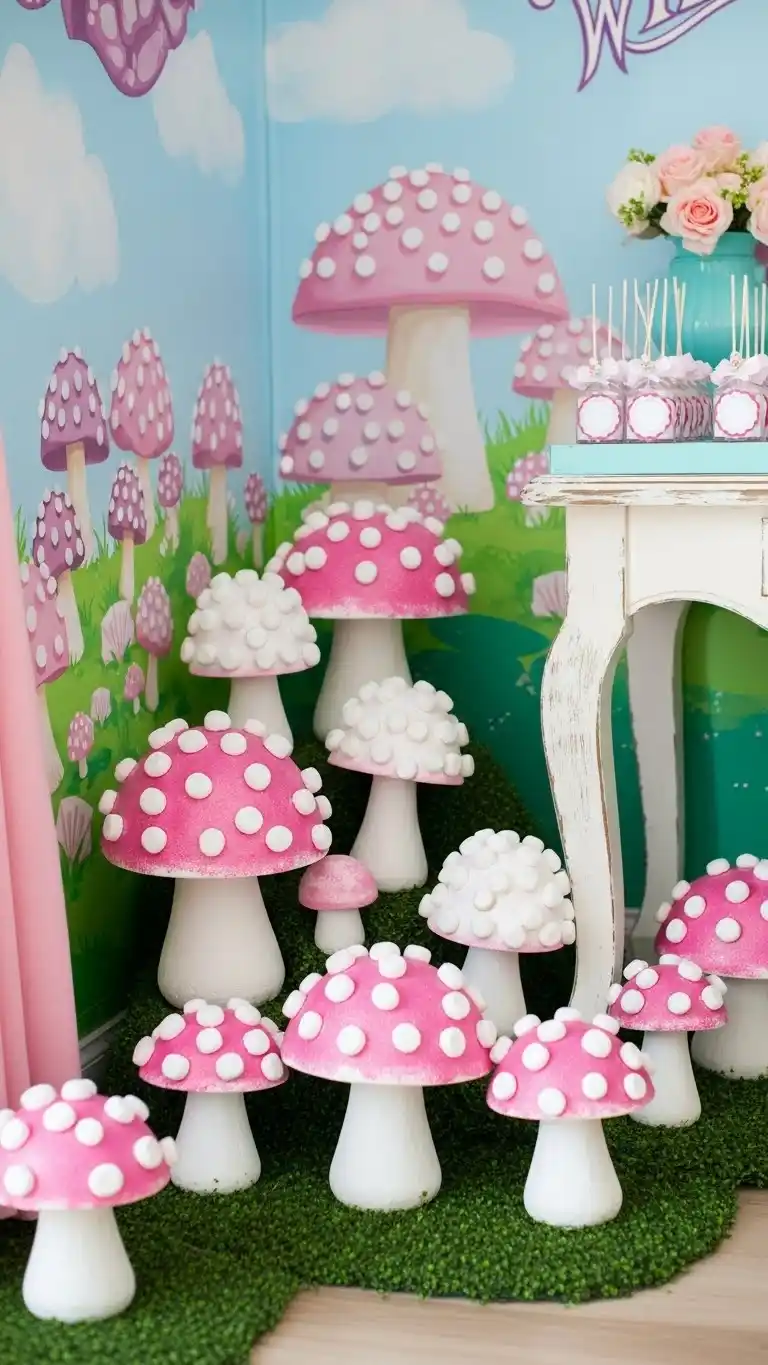 Fun & Colorful Willy Wonka Birthday Party Ideas 19 15. Marshmallow Mushroom Forest